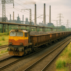 Obraz premium Freight train hauling coal near industrial landscape with smokestacks