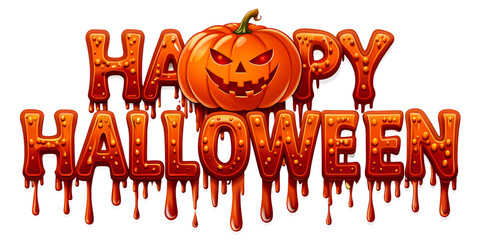 Happy halloween text with a scary pumpkin face, isolated on transparent background