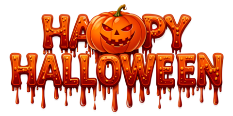 Happy halloween text with a scary pumpkin face, isolated on transparent background
