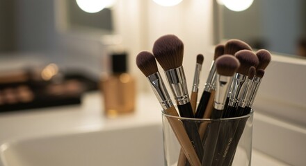 A set of essential makeup artist tools, including different brushes for application, sits on a bathroom sink ready for a morning beauty ritual
