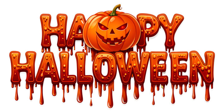 Happy halloween text with a scary pumpkin face, isolated on transparent background
