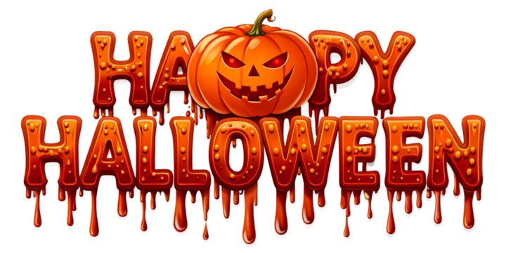 Happy halloween text with a scary pumpkin face, isolated on transparent background - Powered by Adobe