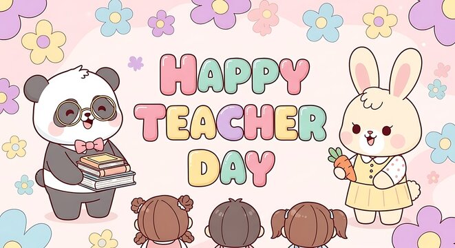 Cute panda and bunny celebrate happy teacher day with gifts