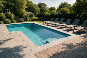 Modern swimming pool surrounded by lounge chairs and greenery