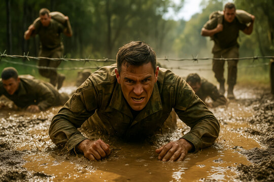 Soldiers training in muddy conditions, crawling under barbed wire