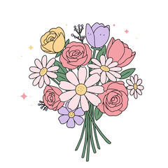 Pastel Hand-Drawn Floral Bouquet Illustration with Sparkles