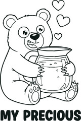 A funny coloring page shows a cartoon bear hugging a honey jar, calling it 'My Precious'.