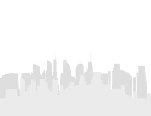 Naklejka premium A black and white city skyline features silhouettes of modern skyscrapers against a bright blue sky. The tallest building stands centrally, flanked by shorter structures.