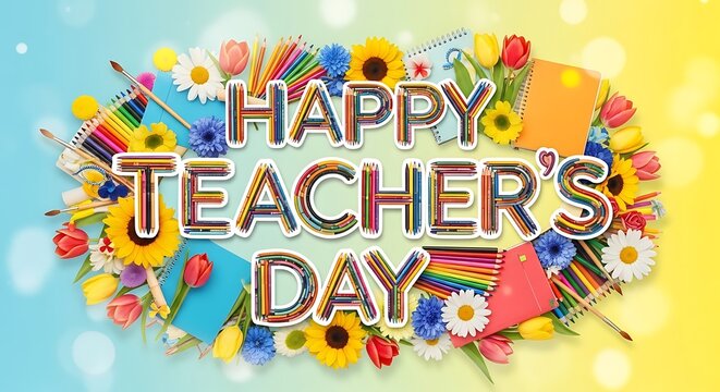 Happy teachers day celebration with colorful flowers and school supplies - Powered by Adobe