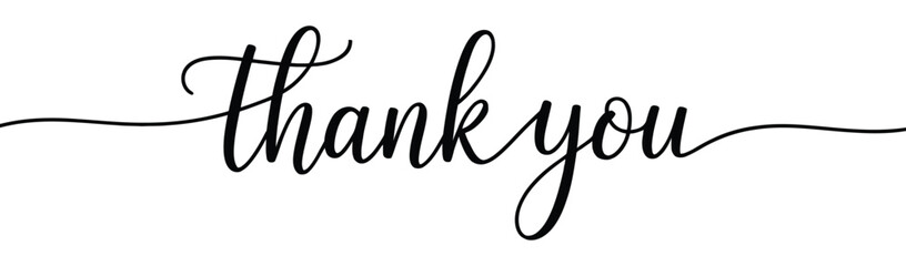 elegant cursive typography of the words “thank you” with decorative flourishes, centered in minimal black design for greeting and gratitude visuals