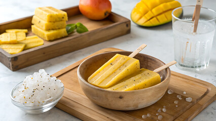 In the foreground, a metallic bowl filled with ice holds three colorful fruit Ice-cream with visible specks, suggesting a natural ingredient like avocado or herbs.