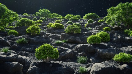 Lush Green Bushes Growing on Rocky Terrain Under a Starry Night