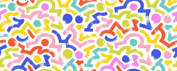 Funky geometric maze colorful seamless pattern. Bold brush drawn curved and zigzag lines with dots. Modern stylish texture with labyrinth motif. Kid playful wrapping paper, banner design texture.