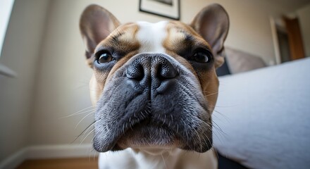 A close-up, wide-angle portrait of a fawn and white French Bulldog looking directly into the camera indoors.
