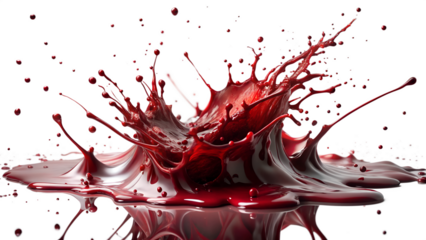 A dynamic splash of red liquid, resembling blood, frozen in motion against a transparent background