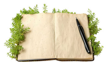 Open notebook surrounded by lush greenery and a pen resting on its pages for creative inspiration