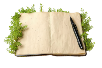 Open notebook surrounded by lush greenery and a pen resting on its pages for creative inspiration