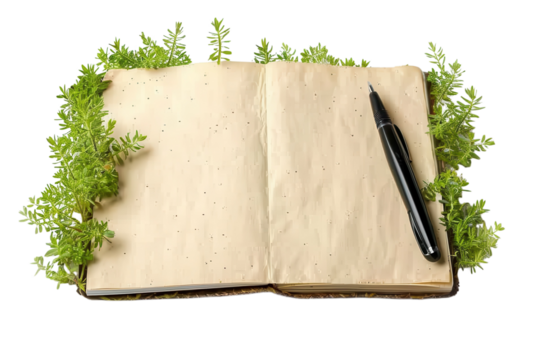 Open notebook surrounded by lush greenery and a pen resting on its pages for creative inspiration