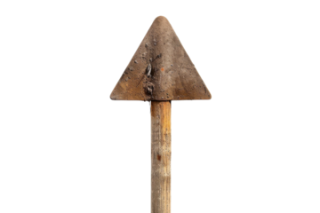 Unique triangular wooden signpost positioned upright against a white background