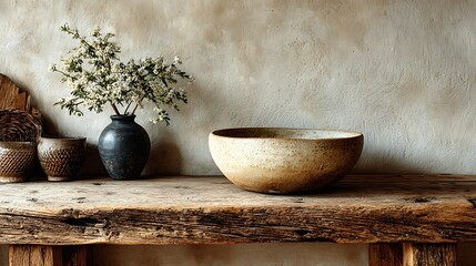 Minimal rustic farmhouse kitchen table with ceramic bowl against wide white wall, offering perfect blank space for culinary, lifestyle, or interior decoration design concepts.