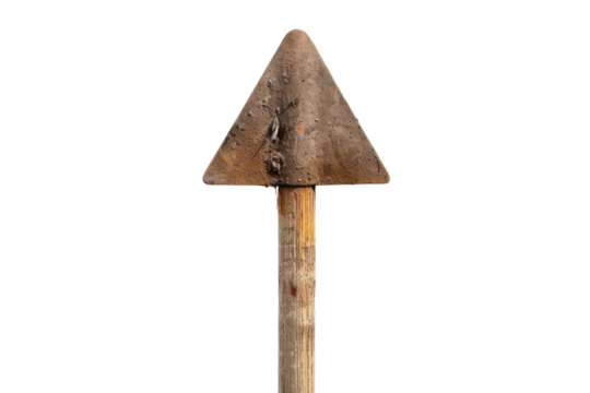 Unique triangular wooden signpost positioned upright against a white background