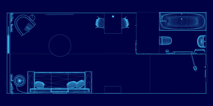 A detailed blueprint of a modern living room features a couch and table in a clean wireframe layout. The studio apartment design includes precise measurements and spatial planning.