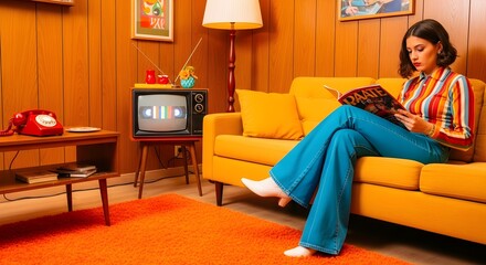 Step back in time with this retro-inspired scene.  A woman relaxes in a vibrant 70s living room, immersed in a magazine, embodying a "throwback vibes" stock photo.