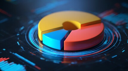 A dynamic D pie chart rotating on a digital interface, showcasing real-time data analysis with colorful segments, against a futuristic technology-inspired background.