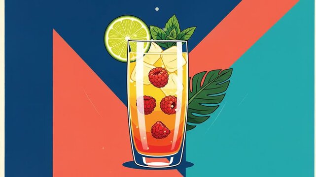 A vibrant cocktail illustration featuring raspberries, lime, ice, and mint, set against a colorful geometric background.