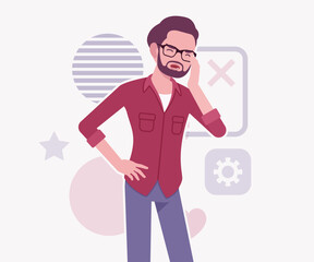 Modern businessman, smart startupper worry pose. Small business company developer, founder entrepreneur, handsome freelance male vector flat style cartoon illustration, abstract creative background