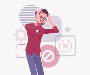Modern businessman, smart startupper head ache pose. Small business company developer, founder entrepreneur, handsome freelance vector flat style cartoon illustration, abstract creative background