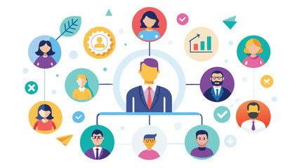 Business structure management hierarchical organizational chart with circle portraits teamwork networking flat style corporate concept diagram employees collaboration