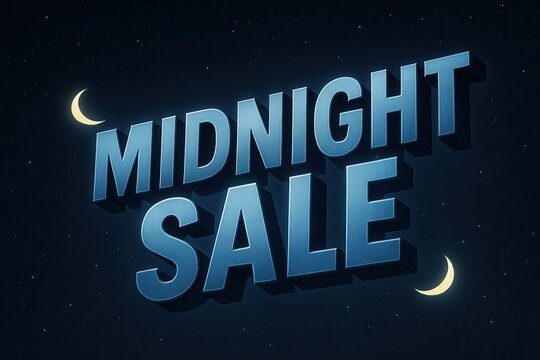 Bold 3D text reading "Midnight Sale" set against a starry night sky with crescent moons, ideal for promoting nighttime retail events and sales.