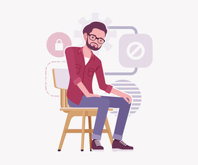 Modern businessman, smart startupper chair sit pose. Business company developer, founder entrepreneur, handsome freelance vector flat style cartoon illustration, abstract creative background