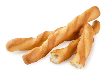 Grissini sticks and broken in half close-up on a white. Isolated
