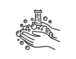 Single-tone icon of hands being washed with bubbles