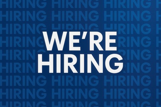 Bold white text reading "WE'RE HIRING" on a blue background with repeated "HIRING" text, conveying a message of job recruitment and employment opportunities.