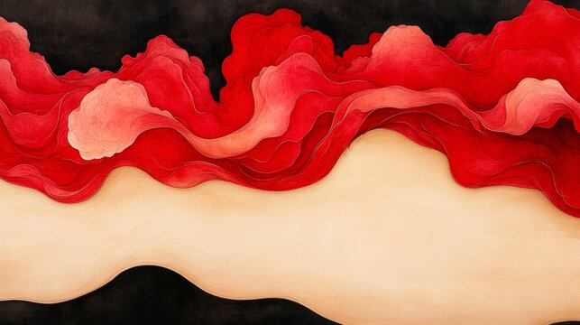 An abstract design featuring flowing red shapes against a dark background, This image can be used in creative projects, as wall art, or for branding materials to evoke warmth and passion,