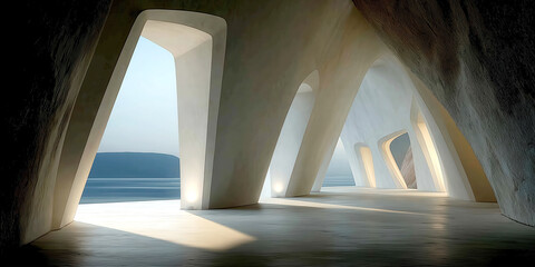 Obraz premium Room with triangular windows, bright natural light, serene ocean view, minimalist decor, ideal for relaxation and creativity.