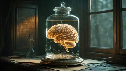Explore the depths of intellect with a mysterious brain preserved in a vintage jar, evoking scientific inquiry and historical intrigue