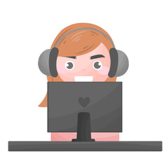 Girl wearing headphones working on computer screen at home