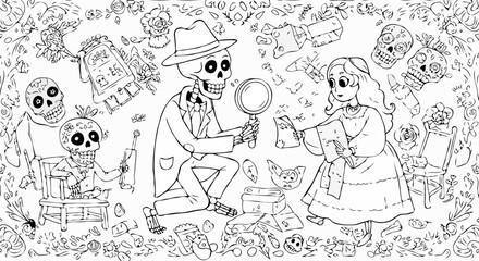 "Skeletons Working Together to Solve a Mystery in Day of the Dead Artwork"