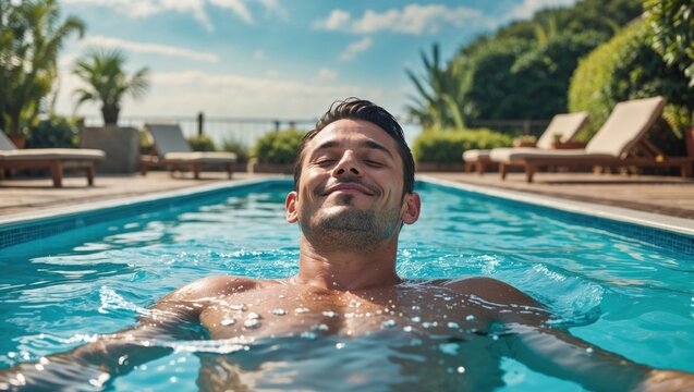Soak up the sun and pure bliss as a man relaxes, eyes closed, in the refreshing blue water of a tropical swimming pool