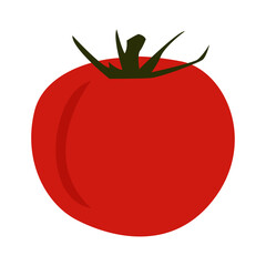 A simple flat illustration of a single ripe red tomato with a green stem on a white background.