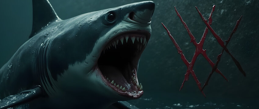 Gueule de requin ouverte avec traits rouges fa&ccedil;on affiche de film ou pr&eacute;sentation de personnage de jeux vid&eacute;o. T&ecirc;te de requin sous l'eau, ambiance sombre. zone texte libre