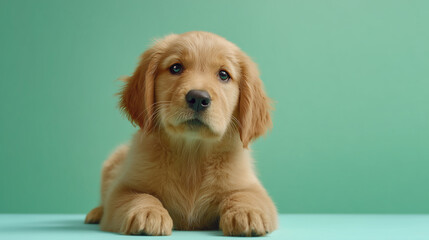 Golden Retriever puppy poses. Cute dog portrait. Use for marketing, design, web.