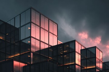 As glass blocks disintegrate into space, the scene captures the dynamic flow and reformation of data in a tech driven world.