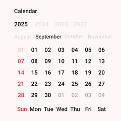 2025 calendar month Of September. Calendar design for the month of September 2025, Vector illustration