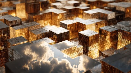 As glass blocks disintegrate into space, the scene captures the dynamic flow and reformation of data in a tech driven world.