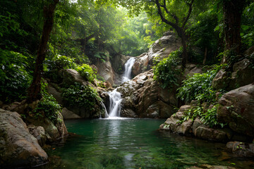 beautiful waterfall in green forest in jungle
